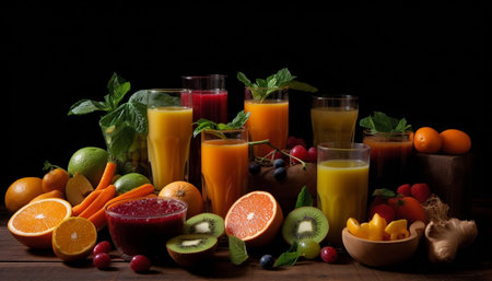 Fresh organic fruit and vegetable cocktail table spread generated by artificial intelligenceの素材