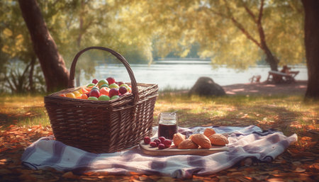 Organic fruit and bread for autumn picnic generated by artificial intelligenceの素材