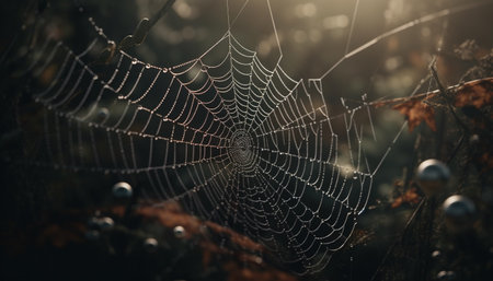 Spooky spider web traps dew drops in autumn generated by artificial intelligenceの素材