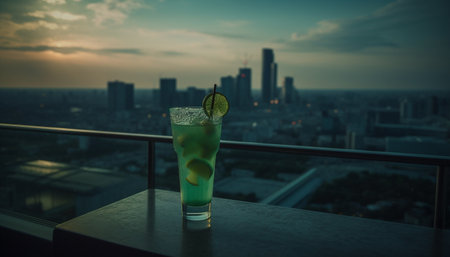 Refreshing cocktails in urban skyline at night generated by artificial intelligenceの素材