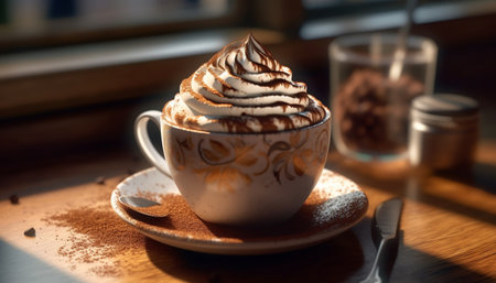 Foamy coffee drinks on rustic wood table generated by artificial intelligenceの素材