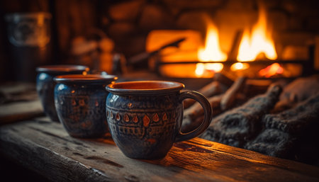 Rustic pottery decoration, burning firewood, comfortable mug generated by artificial intelligenceの素材