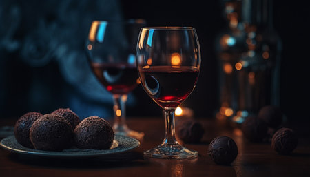 Luxury wineglass filled with dark liquid refreshment generated by artificial intelligenceの素材