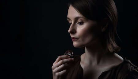 Beautiful woman holding jewelry, exuding elegance and sensuality generated by artificial intelligenceの素材