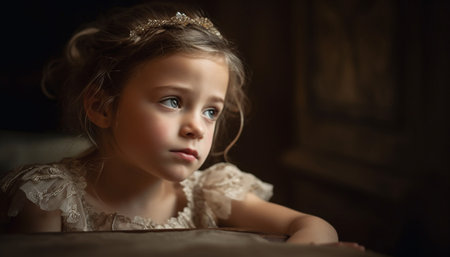 Cute princess smiles, sitting in cozy bedroom generated by artificial intelligenceの素材