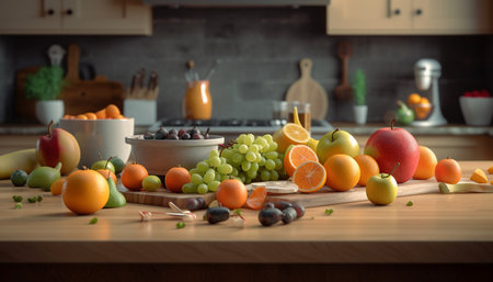 Fresh organic fruits and veggies on rustic table generated by artificial intelligenceの素材