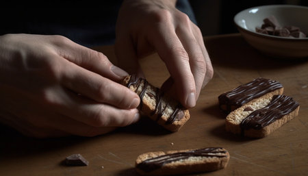 Handmade gourmet dark chocolate cookies on wooden table generated by artificial intelligenceの素材