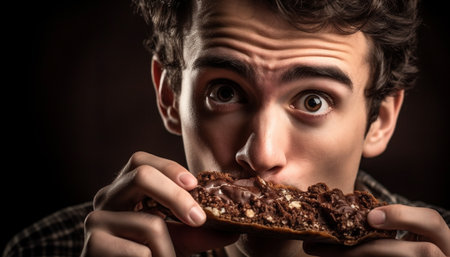 Cute boy smiling, holding chocolate snack indulgence generated by artificial intelligenceの素材