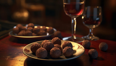 Luxury chocolate truffles adorn rustic wooden table generated by artificial intelligenceの素材