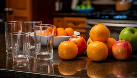 Healthy citrus fruits on wooden table indoors generated by artificial intelligenceの素材