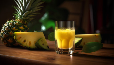 Juicy slice of ripe pineapple on wooden table generated by artificial intelligenceの素材
