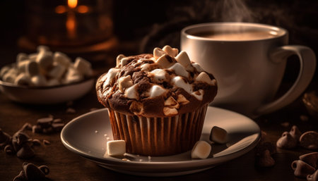 Indulgent homemade chocolate chip muffin and coffee generated by artificial intelligenceの素材