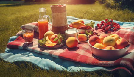 Fresh organic picnic meal on green meadow generated by artificial intelligenceの素材
