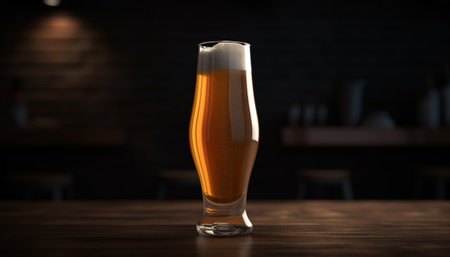 Frothy beer in pint glass on wooden table generated by artificial intelligenceの素材