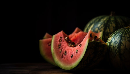 Juicy watermelon slice on wooden table decorates summer generated by artificial intelligenceの素材