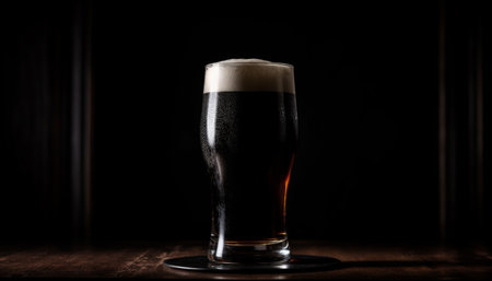 Dark liquid drops in frothy beer glass generated by artificial intelligenceの素材