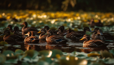 Mallard ducks swim in tranquil pond water generated by artificial intelligenceの素材