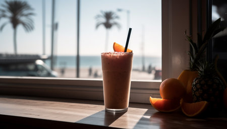 Refreshing tropical cocktail on wooden table outdoors generated by artificial intelligenceの素材