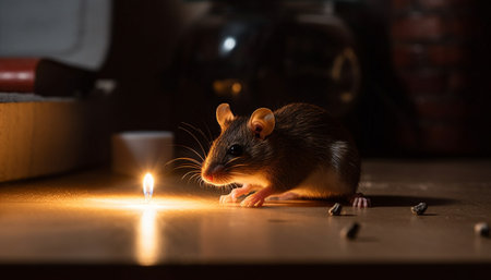 Fluffy rodent with whiskers sitting on table generated by artificial intelligenceの素材