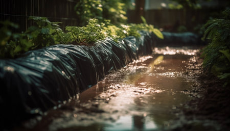Fresh green leaves reflect in wet water drops generated by artificial intelligenceの素材