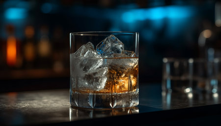 Crystal highball glass reflects elegance in dark nightclub generated by artificial intelligenceの素材