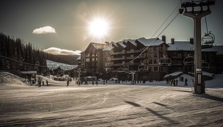 Skiing in winter wonderland, fun illuminated dusk generated by artificial intelligenceの素材