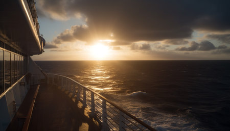 Sun reflection on tranquil seascape at dusk generated by artificial intelligenceの素材