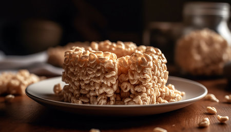 Crunchy homemade almond biscuit stack on wood plate generated by artificial intelligenceの素材