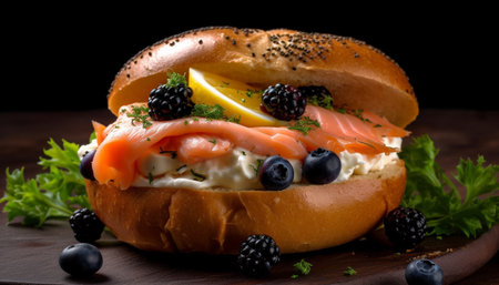 Grilled seafood sandwich on ciabatta with avocado generated by artificial intelligenceの素材