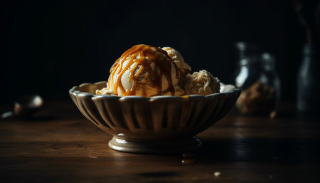 Fresh gourmet dessert on wooden table plate generated by artificial intelligenceの素材