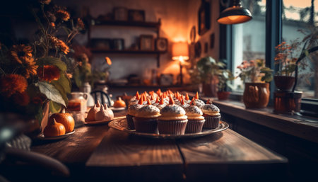 Rustic table decor, homemade pumpkin cupcakes, indulgence generated by artificial intelligenceの素材