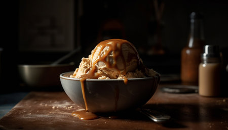 Rustic table holds homemade gourmet sweet dessert generated by artificial intelligenceの素材