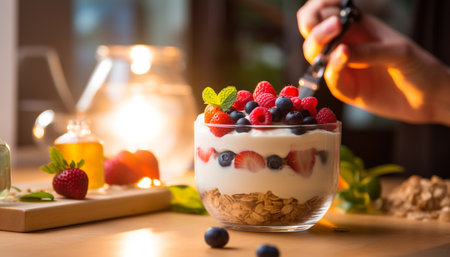 Fresh berry parfait with granola and yogurt generated by artificial intelligenceの素材