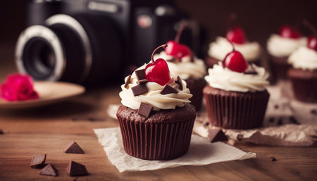 Indulgent chocolate cupcakes on rustic wooden table generated by artificial intelligenceの素材
