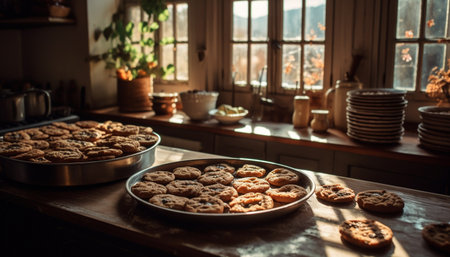 Freshly baked chocolate chip cookies in rustic kitchen generated by artificial intelligenceの素材