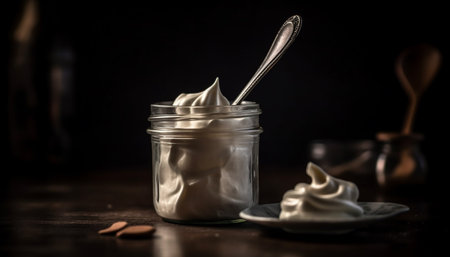 Rustic homemade dessert in wooden jar ready to eat generated by artificial intelligenceの素材