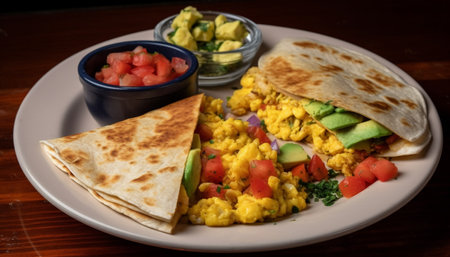 Gourmet taco plate with fresh guacamole and meat generated by artificial intelligenceの素材