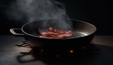 Grilled pork steak sizzling on cast iron generated by artificial intelligenceの素材