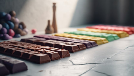 Stack of sweet treats on wooden table generated by artificial intelligenceの素材