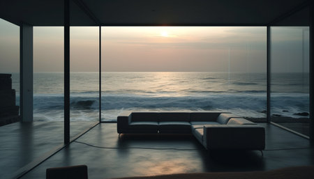 Relax on modern sofa, watch tranquil seascape generated by artificial intelligenceの素材