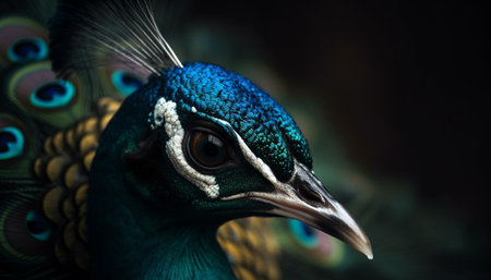 Vibrant peacock portrait showcases nature elegance and beauty generated by artificial intelligenceの素材