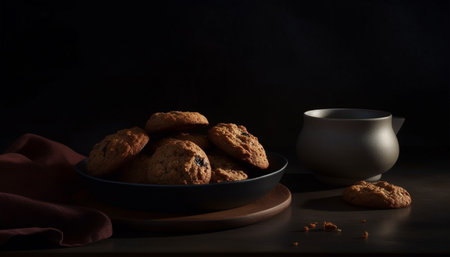 Homemade chocolate chip cookies on rustic wood table generated by artificial intelligenceの素材
