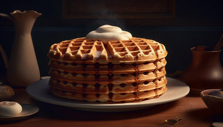 Stack of homemade pancakes with fresh fruit generated by artificial intelligenceの素材