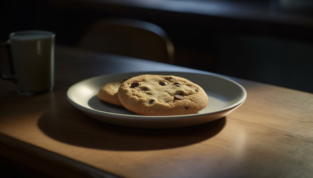 Indulgent homemade chocolate chip cookies on rustic table generated by artificial intelligenceの素材