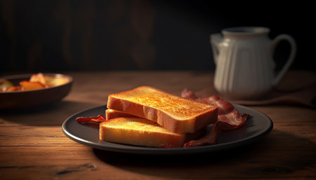 Freshly grilled pork on rustic toasted bread generated by artificial intelligenceの素材