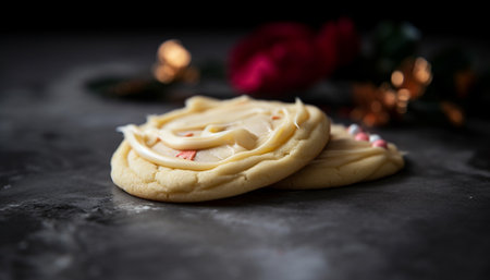 Homemade shortbread baked on rustic wood table generated by artificial intelligenceの素材