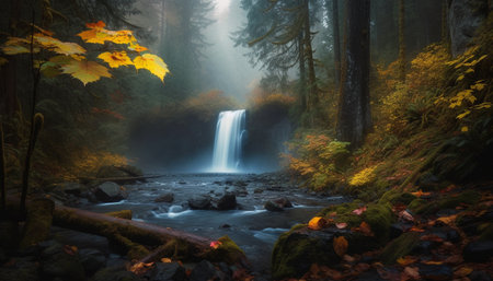 Tranquil autumn forest, wet leaves, flowing water generated by artificial intelligenceの素材