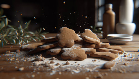 Homemade gingerbread cookies baked on rustic wood generated by artificial intelligenceの素材