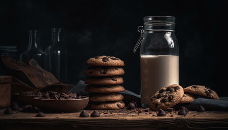 Homemade chocolate chip cookies on rustic wooden table, milk nearby generated by artificial intelligenceの素材
