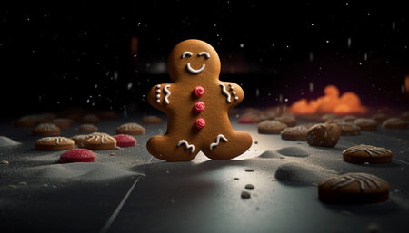 Baked gingerbread cookie, sweet snowflake decoration, homemade winter dessert generated by artificial intelligenceの素材